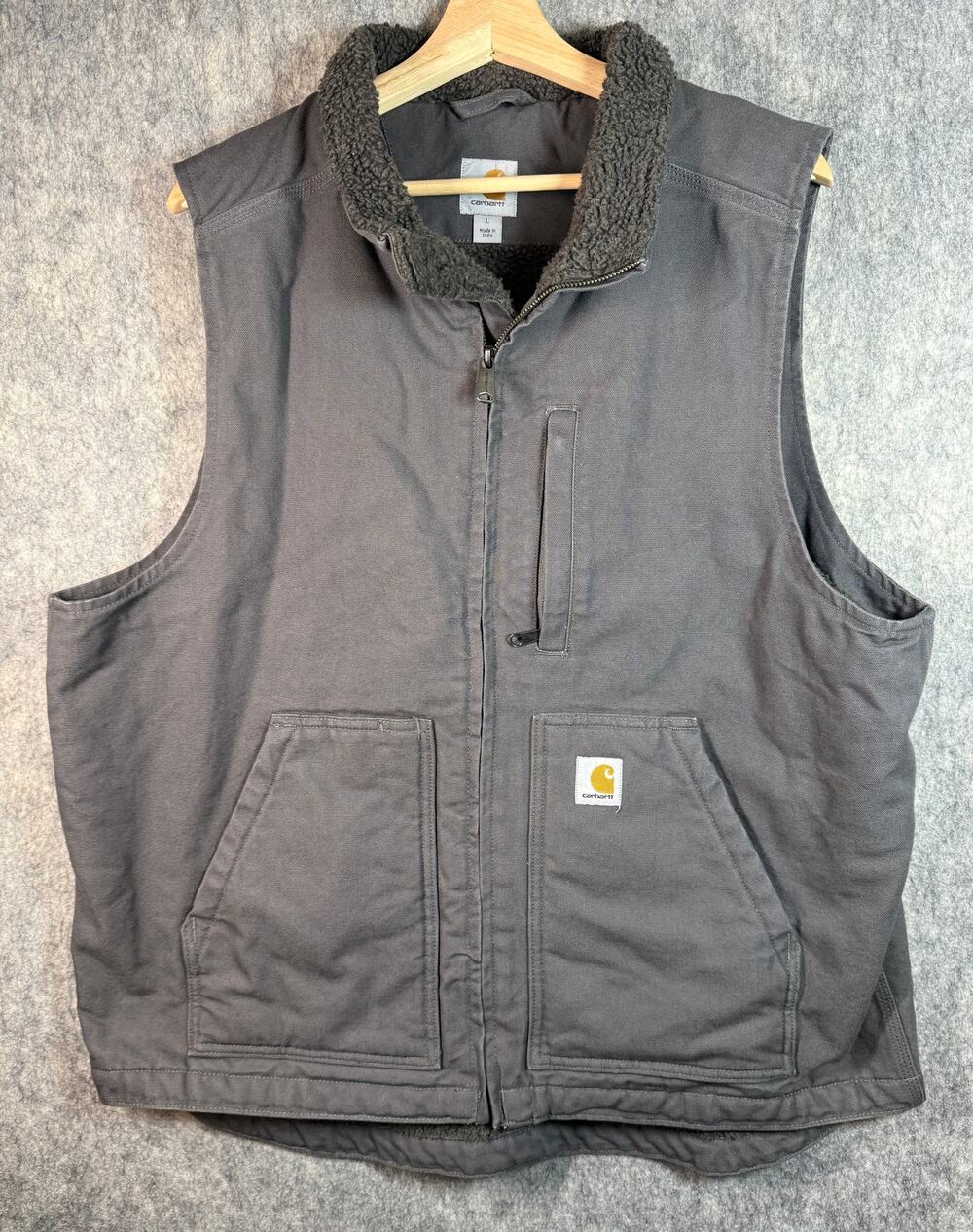 Carhartt Washed Duck Mock Neck Gray Large Sherpa Lined Full-Zip Vest 104277 GVL